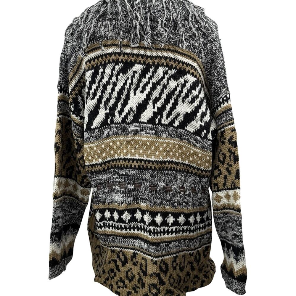 Vintage 80s Together Cardigan Sweater Medium Leopard Print Fringe Chunky Knit - Picture 4 of 13